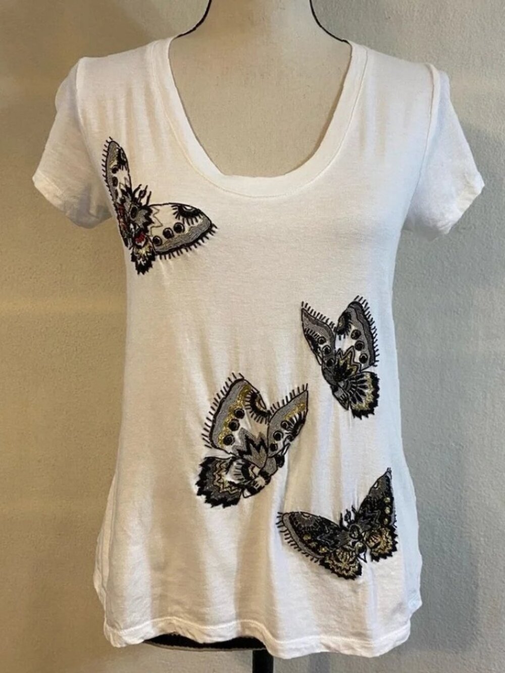Zadig & Voltaire white embroidered beaded butterfly short sleeve t-shirt